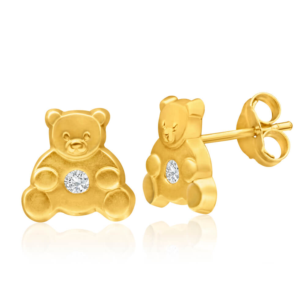 9ct Yellow Gold Cubic Zirconia Adorable Teddy Bear Stud Earrings for Girls