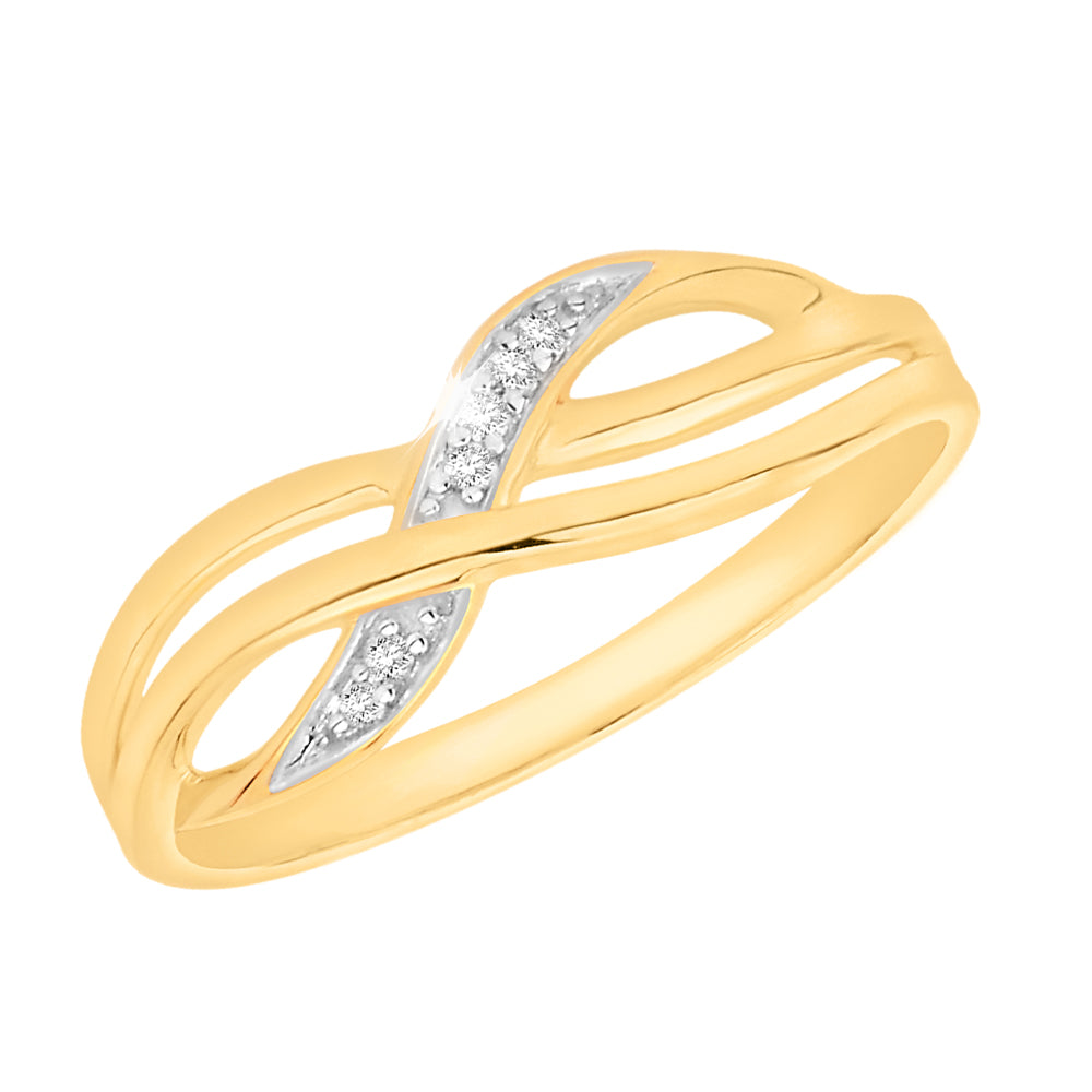 Elegant 9ct Yellow Gold Ring with 6 Sparkling Diamonds in Cross Over Design