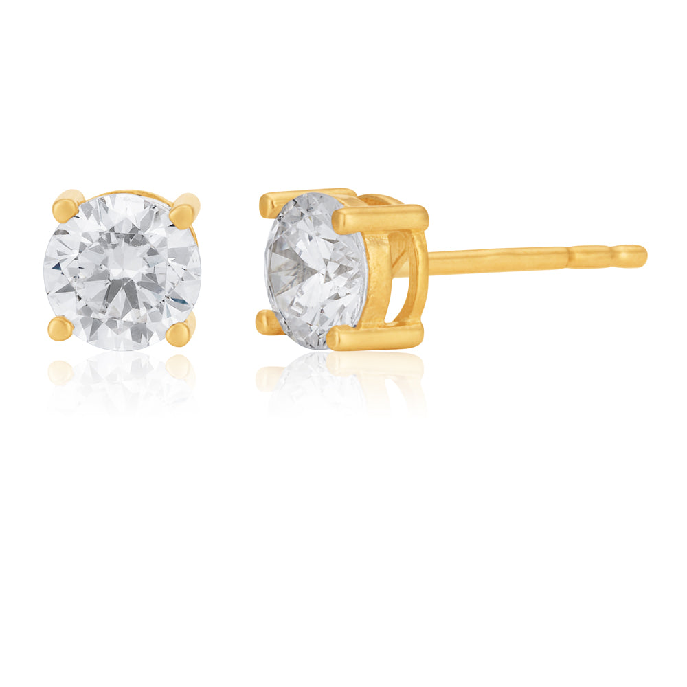 6mm Round 9 Carat Yellow Gold Stud Earrings with Cubic Zirconia Gemstones
