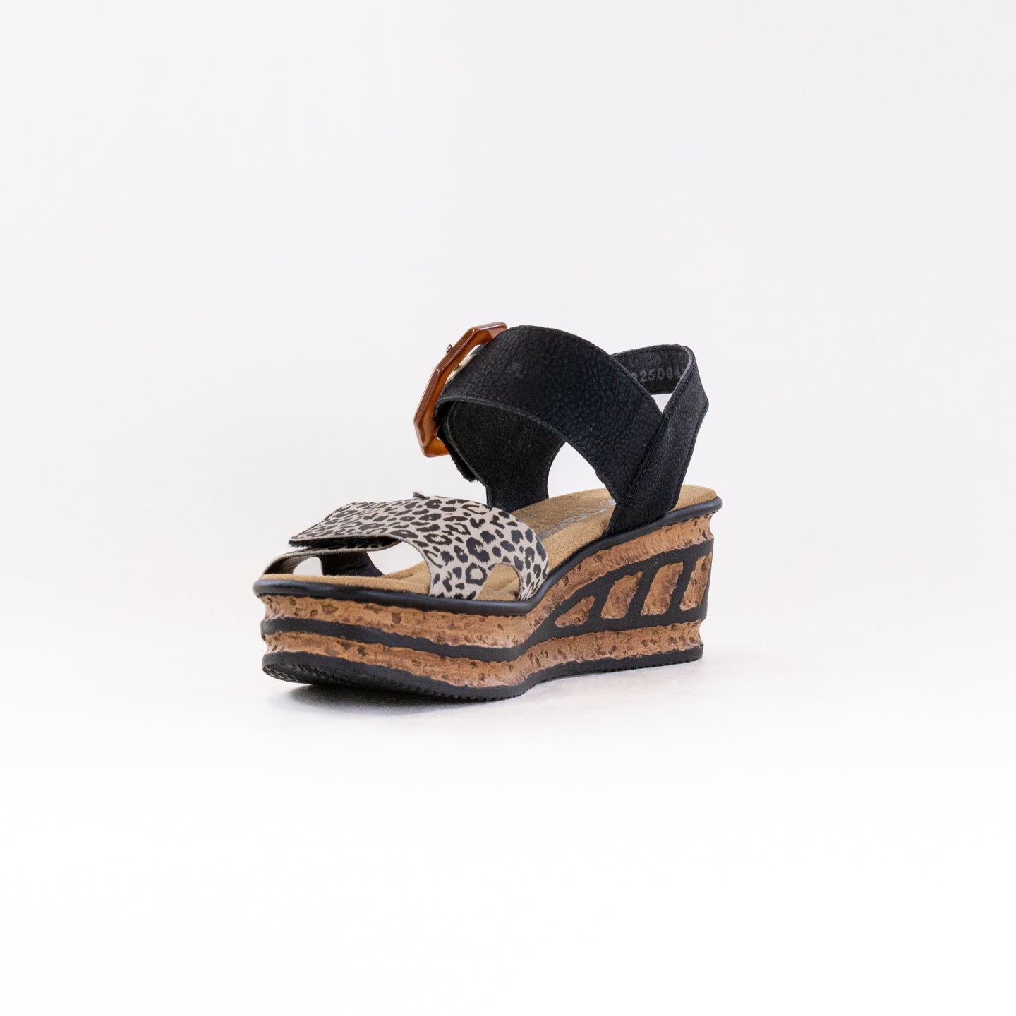 Rieker Women's Rose 68176 Wedge Sandals in Ginger, Black, and Light Gold Shades