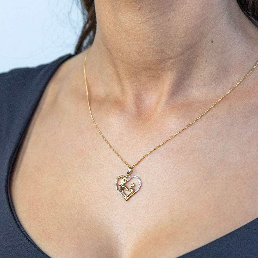 9ct Yellow Gold Shining Diamond Pendant of Mother and Child Heart Design