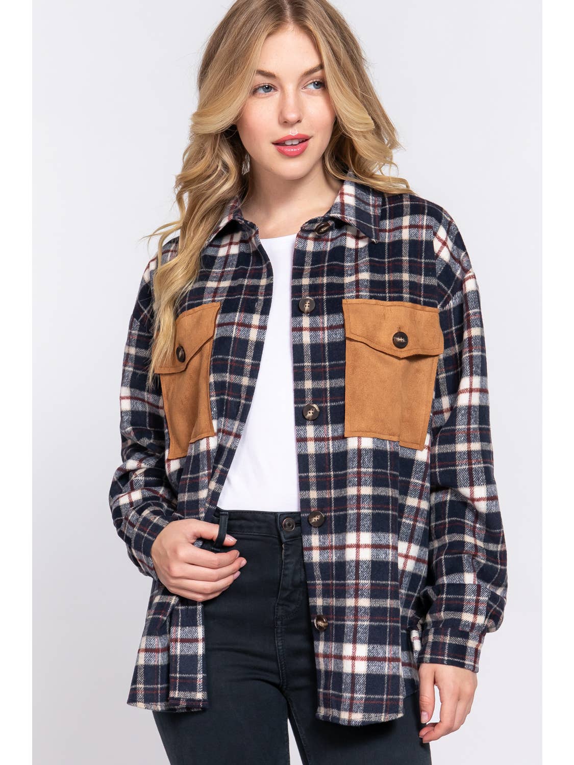 Soft Suede Pocket and Brushed Plaid Blend Shacket for All Occasions