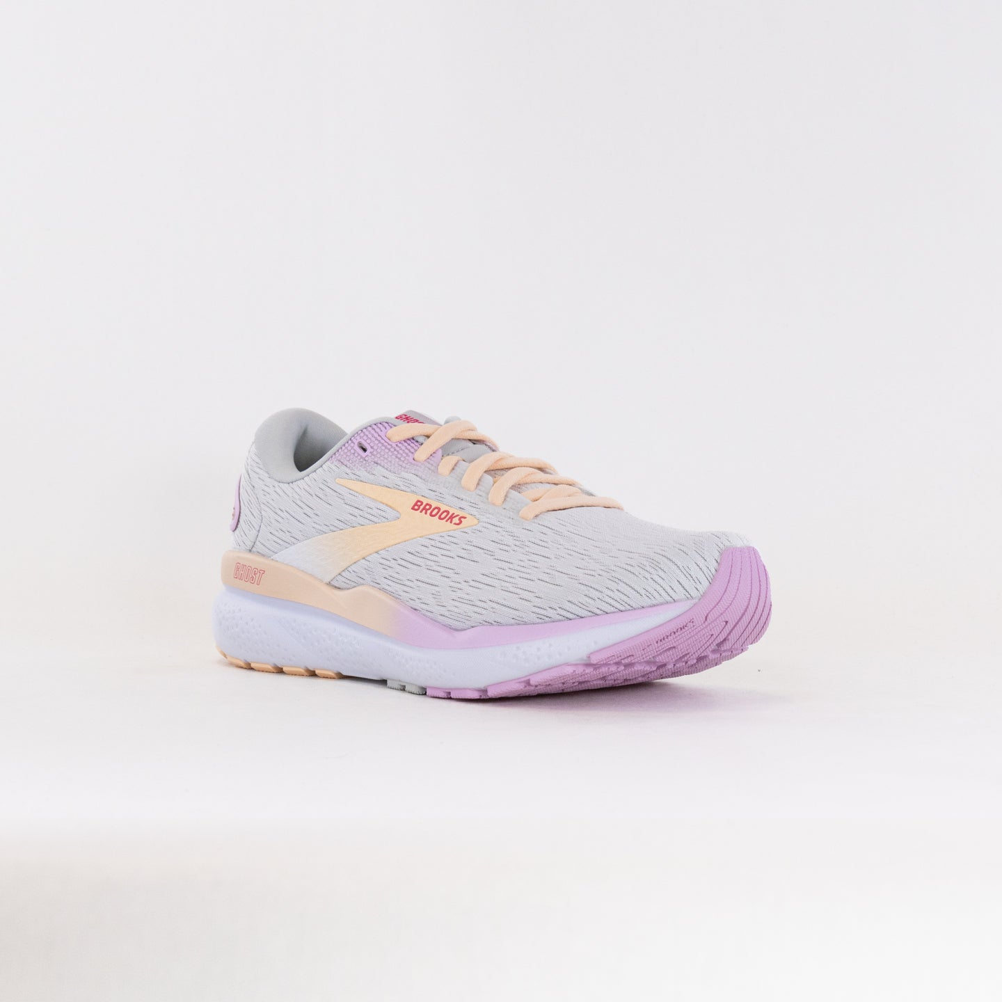 Women's Brooks Ghost 16 Running Shoes in White, Grey, and Orchid Colors