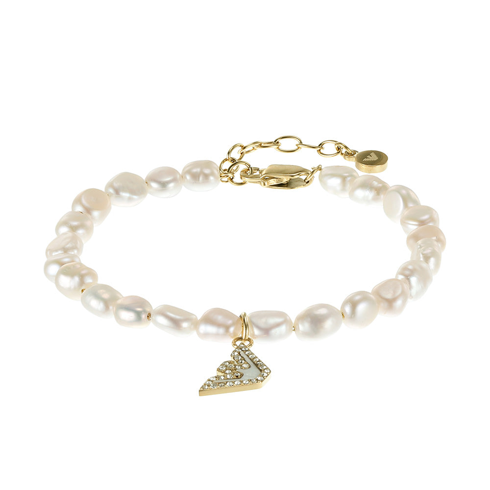 Emporio Armani Sentimental Logo Gold Plated Stainless Steel Bracelet with White Beads