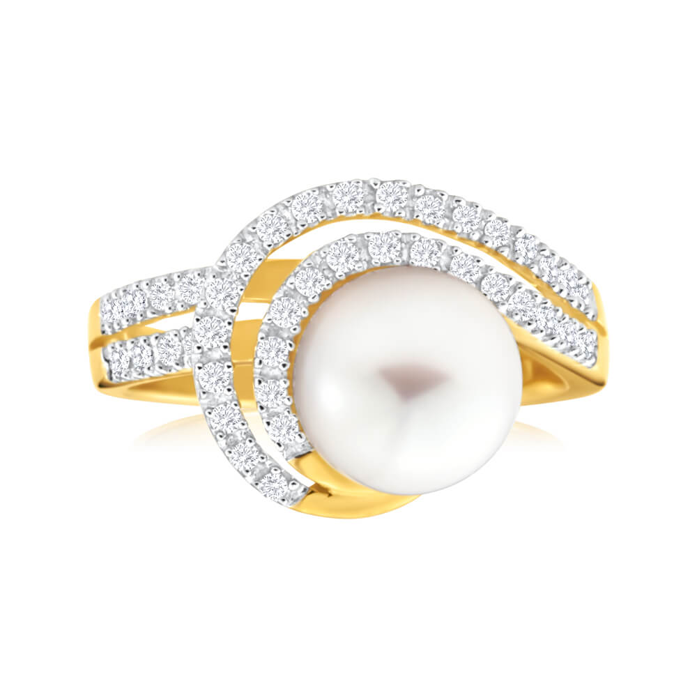 9-carat Yellow Gold Cultured Pearl and Diamond Swirl Design Women's Ring