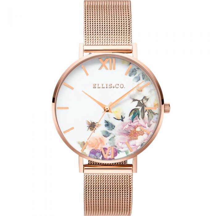 Ellis & Co 'Iris' Colorful Rose Gold Finish Watch with Painted Garden Scene and Silky Mesh Strap