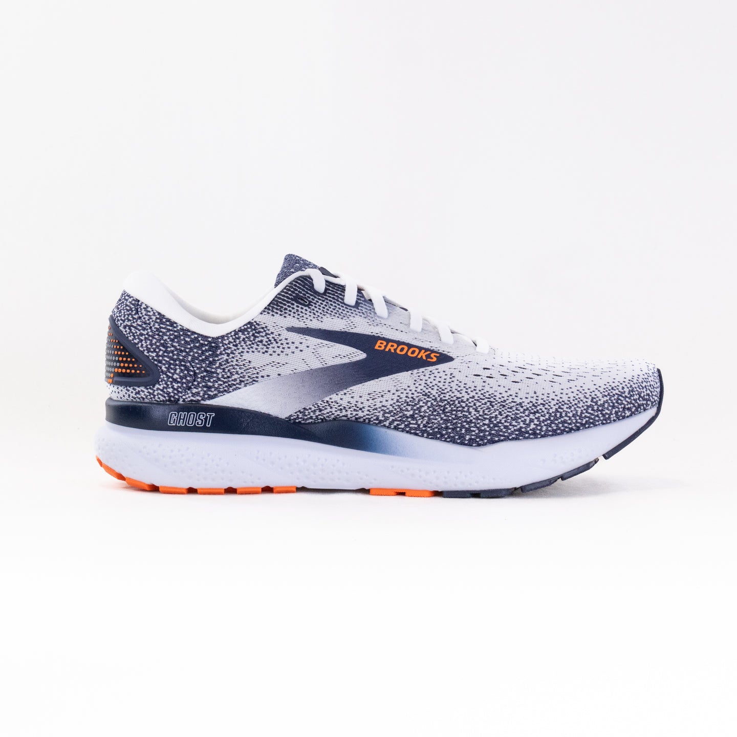 Men's Brooks Ghost 16 Running Shoes - White/Peacoat/Orange Colorway
