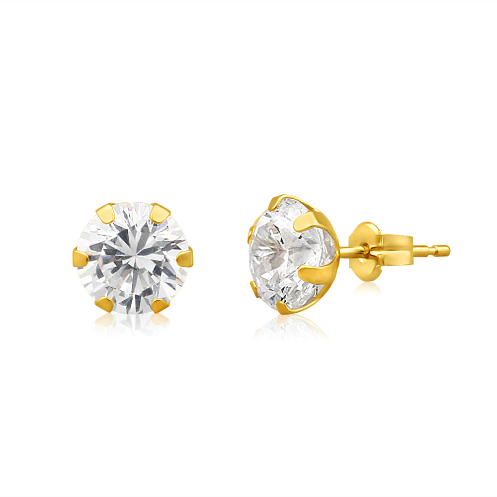 Stylish 9 Carat Yellow Gold 7mm Cubic Zirconia 6 Claw Stud Earrings for Everyday Wear