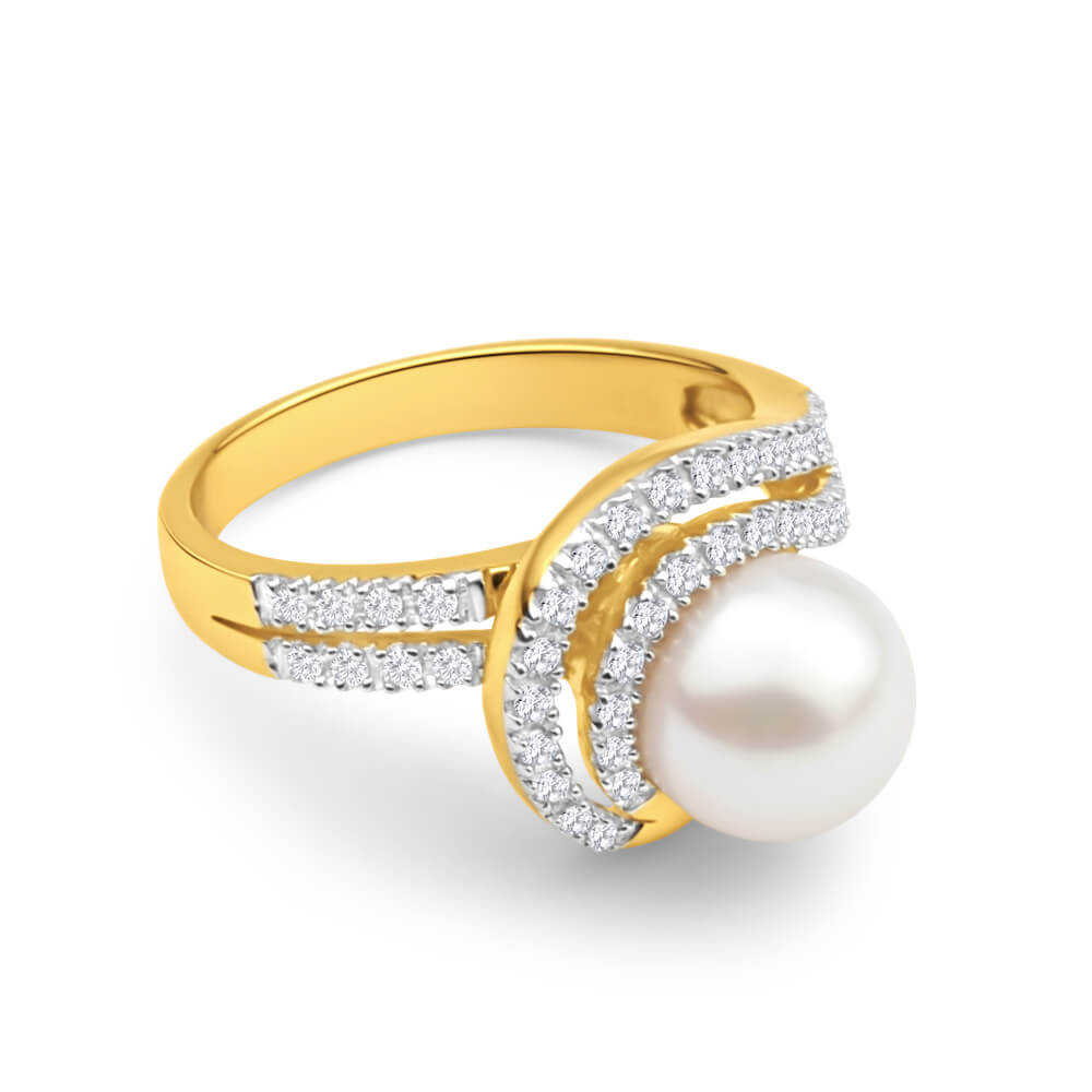 9-carat Yellow Gold Cultured Pearl and Diamond Swirl Design Women's Ring