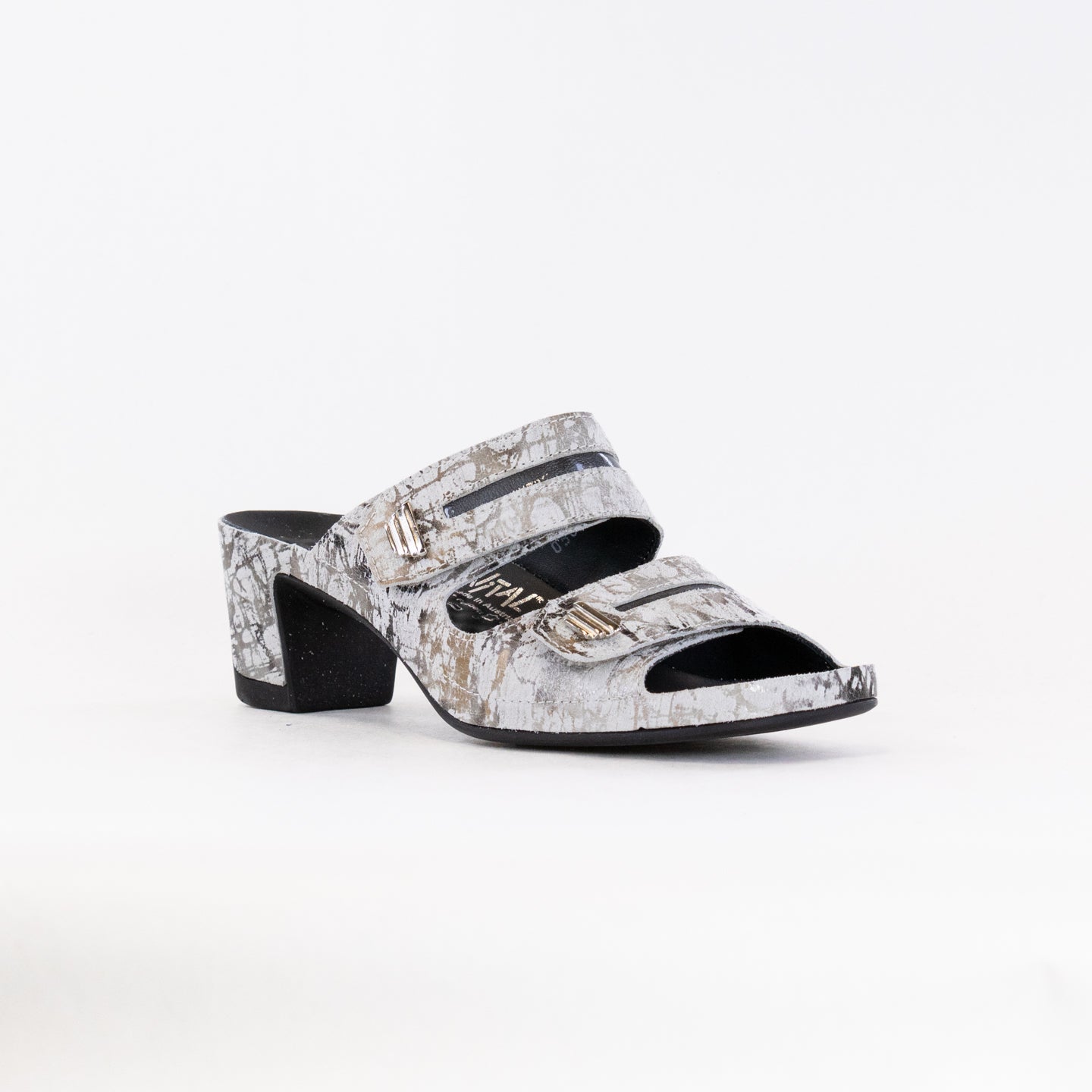 Women's Vital Joy Mule Sandals Crafted from Apache Cream Metallic Leather for Optimal Comfort