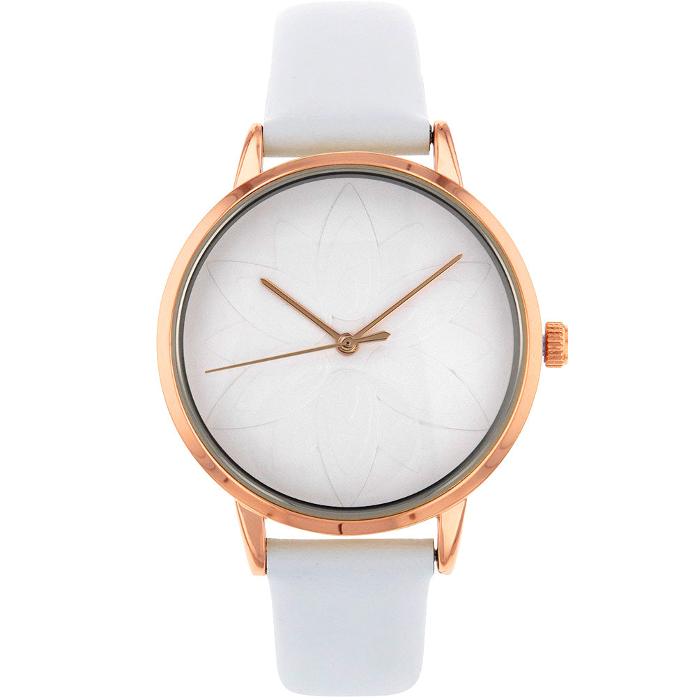 Ellis & Co Exquisite Pattern Dial White Leather Women's Wristwatch