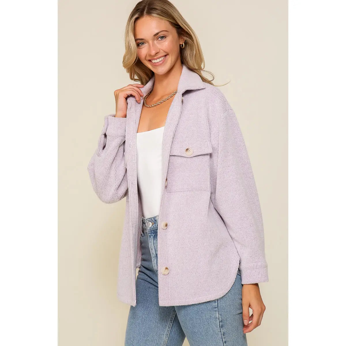 Brushed Waffle Patterned Long - Sleeved Button - Down Shacket Jacket
