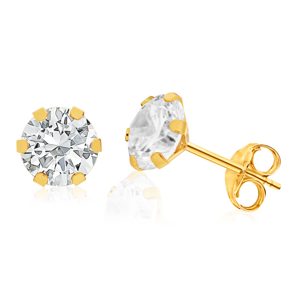 9ct Yellow Gold 6mm Round Cubic Zirconia Stud Earrings for Daily Wear