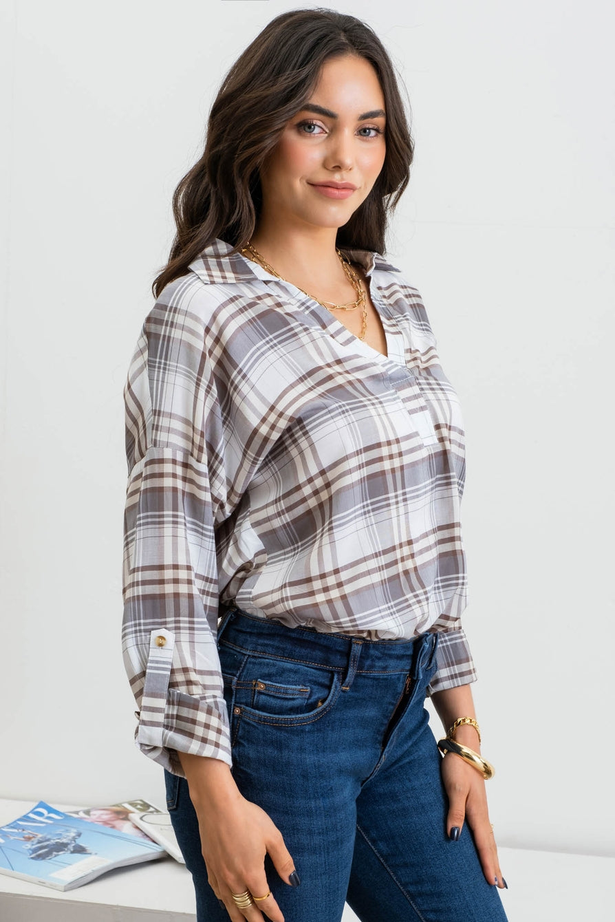 Stylish Collared Split - Neck Plaid Top for All Occasions