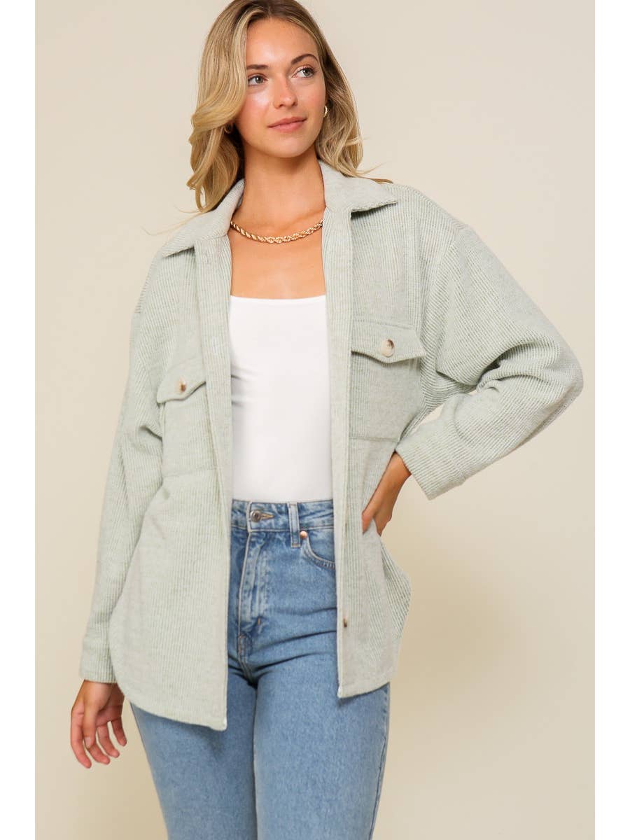 Brushed Waffle Patterned Long - Sleeved Button - Down Shacket Jacket