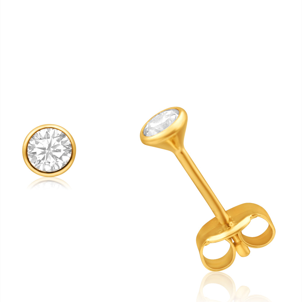 9 Carat Yellow Gold Stud Earrings with 3mm Bezel Set Cubic Zirconia - Ideal for Everyday Wear