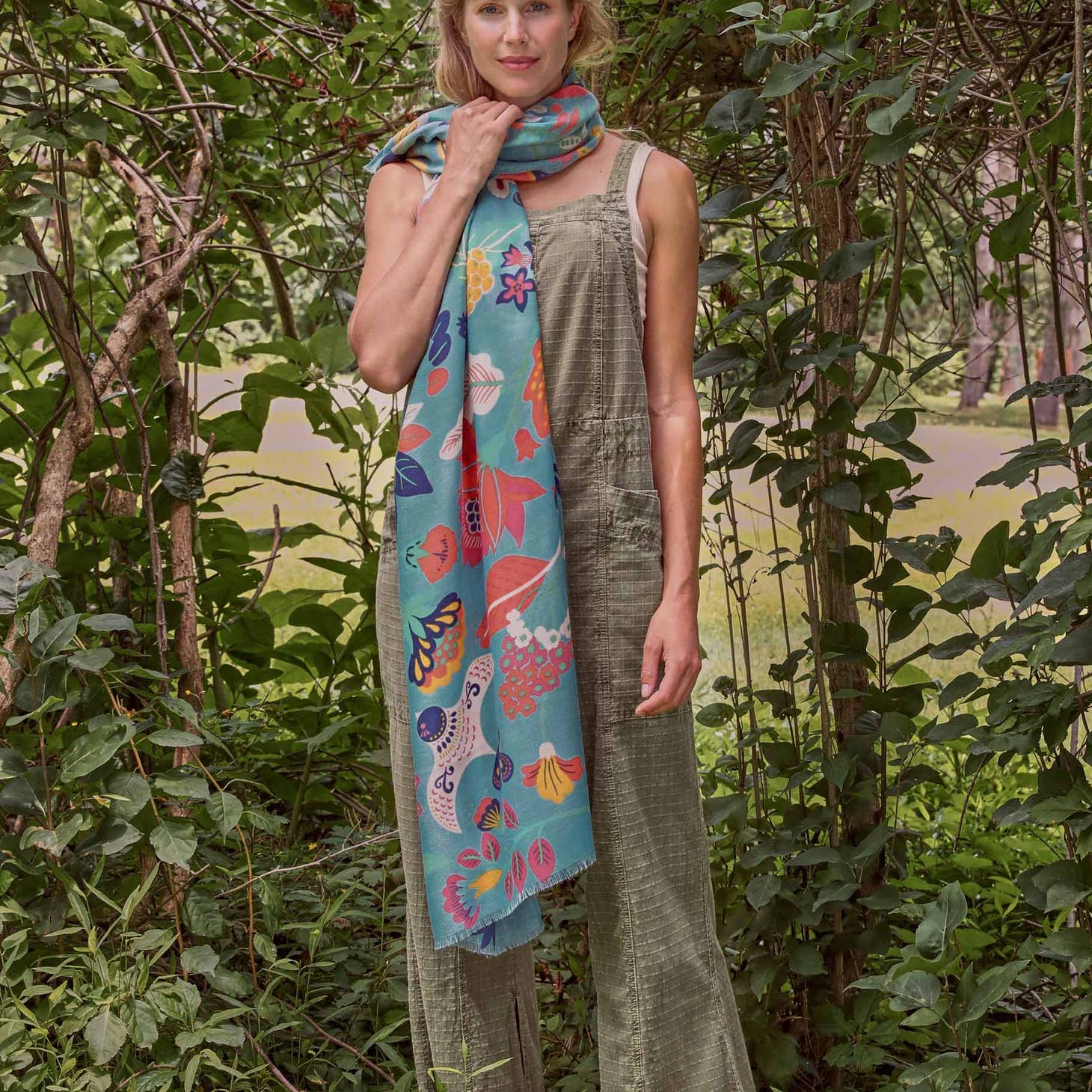 Vibrant Scandinavian Floral and Fauna Printed Silk Scarf