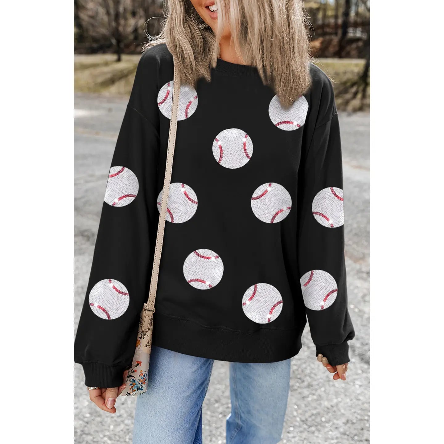 LITLLE DAISY CLOSET Stylish Sequin Patched Graphic Drop - Shoulder Baseball Sweatshirt