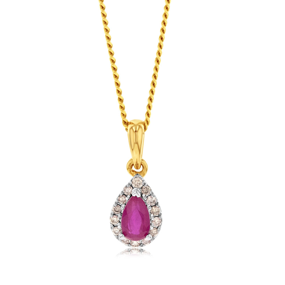 Exquisite 9ct Yellow Gold Pendant Featuring Diamonds and Created Pear-Shaped Rubies