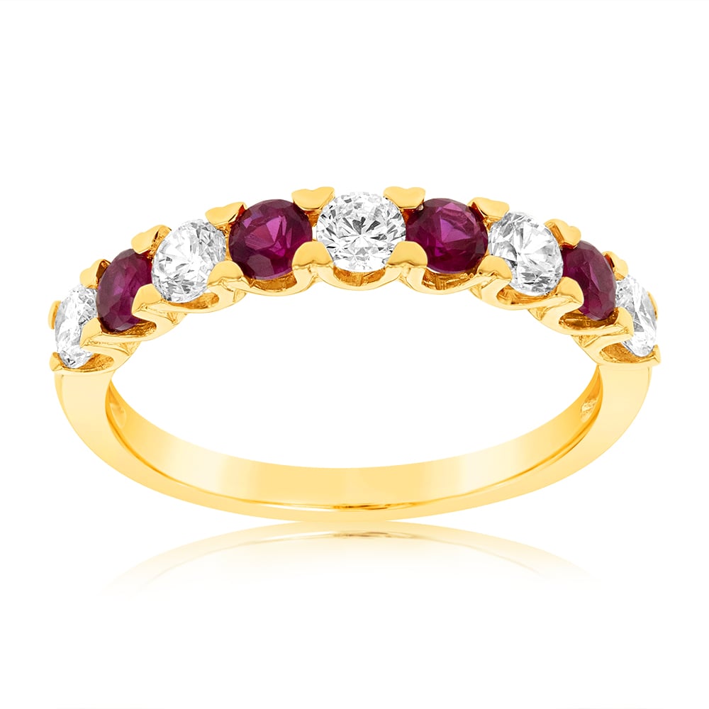 Stunning 9ct Yellow Gold Ring Embellished with Cubic Zirconia and Synthetic Rubies
