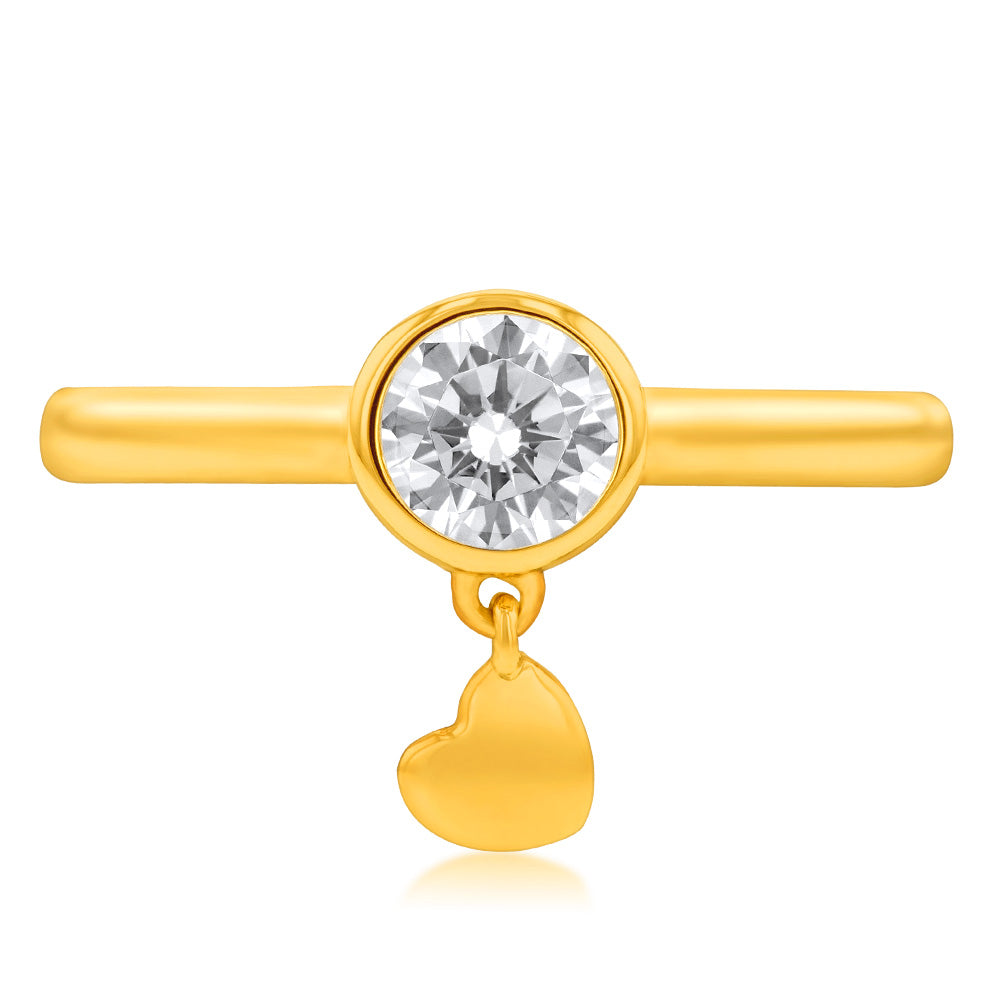 Exquisite 9ct Yellow Gold Ring with Cubic Zirconia and Dangling Heart Charm
