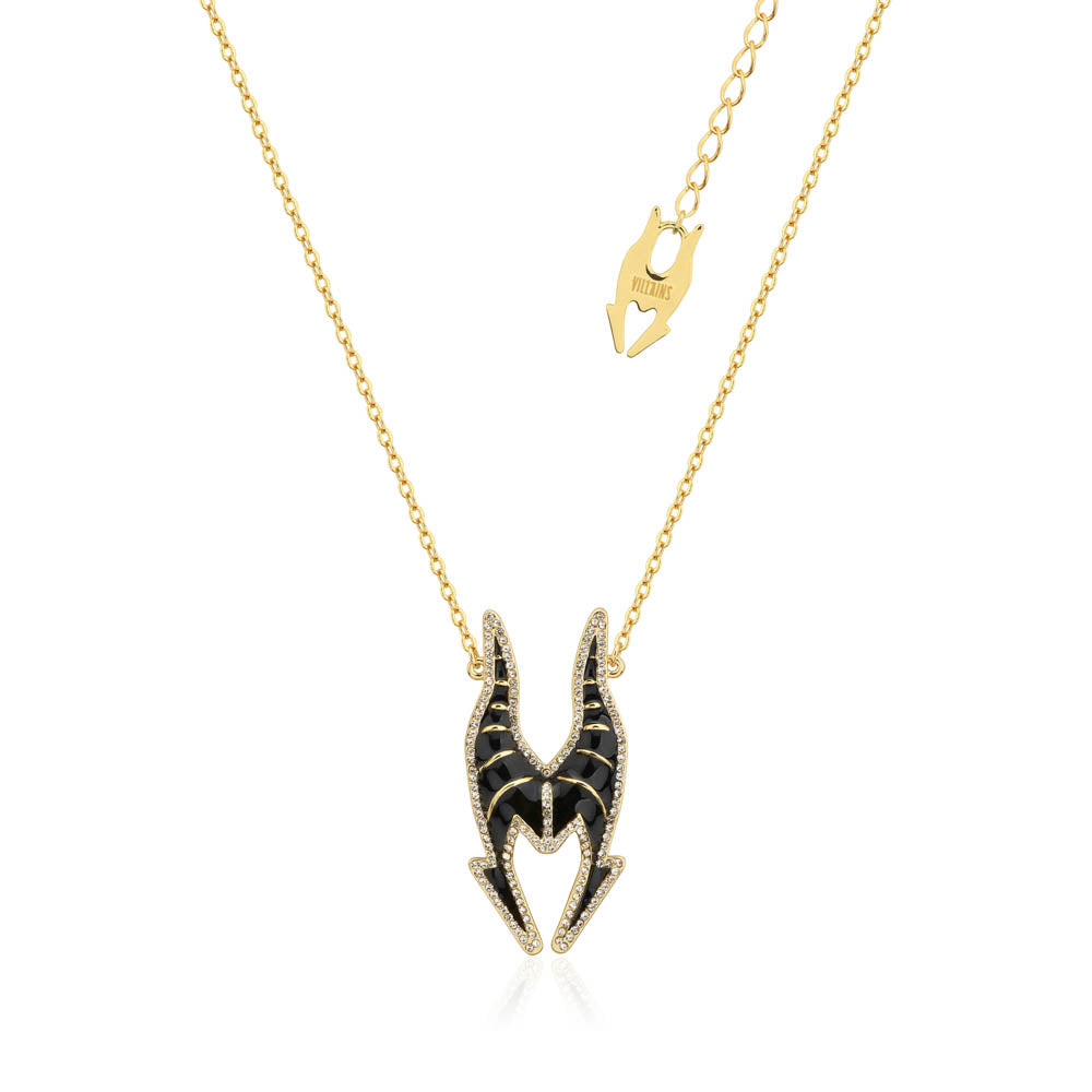 Disney Gold Plated Stainless Steel Necklace with Maleficent Crystal Pendant on 45+7cm Chain for Sleeping Beauty Fans