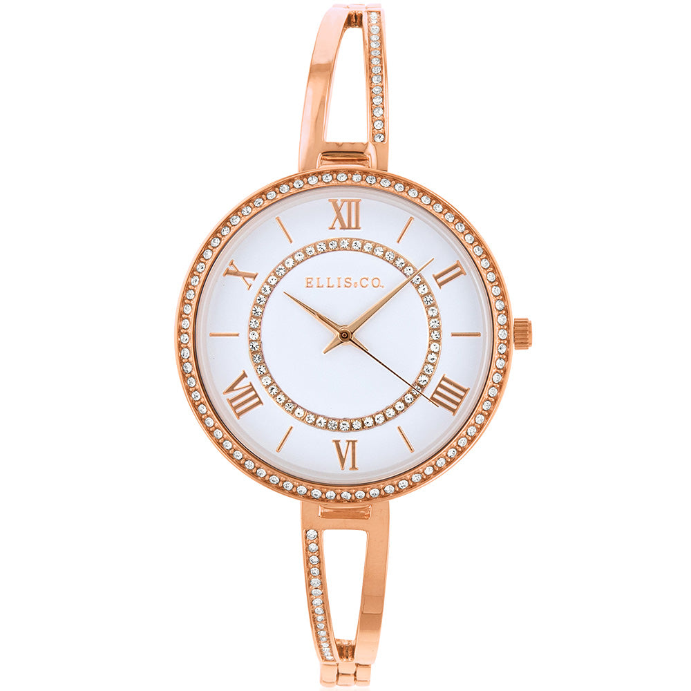 Ellis & Co Stylish Violet Women's Rose Gold Watch with Sparkling Stones