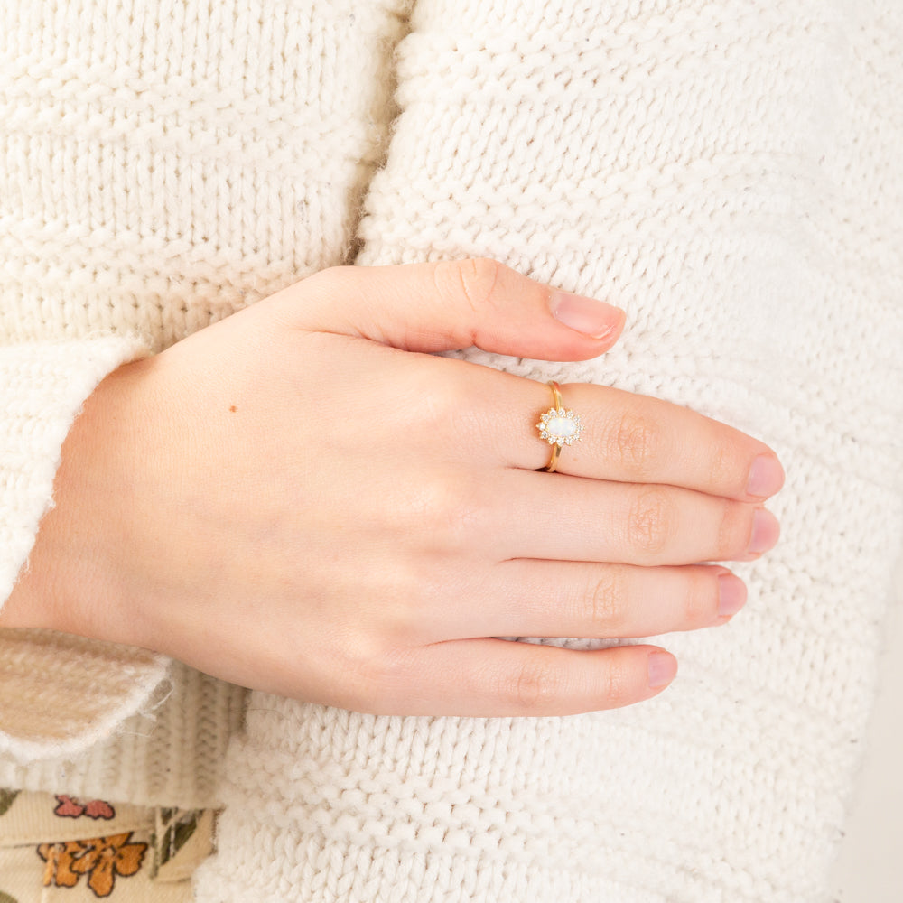 Stunning 9ct Yellow Gold Oval Flower Ring with Cubic Zirconia and Created Opal Gemstones