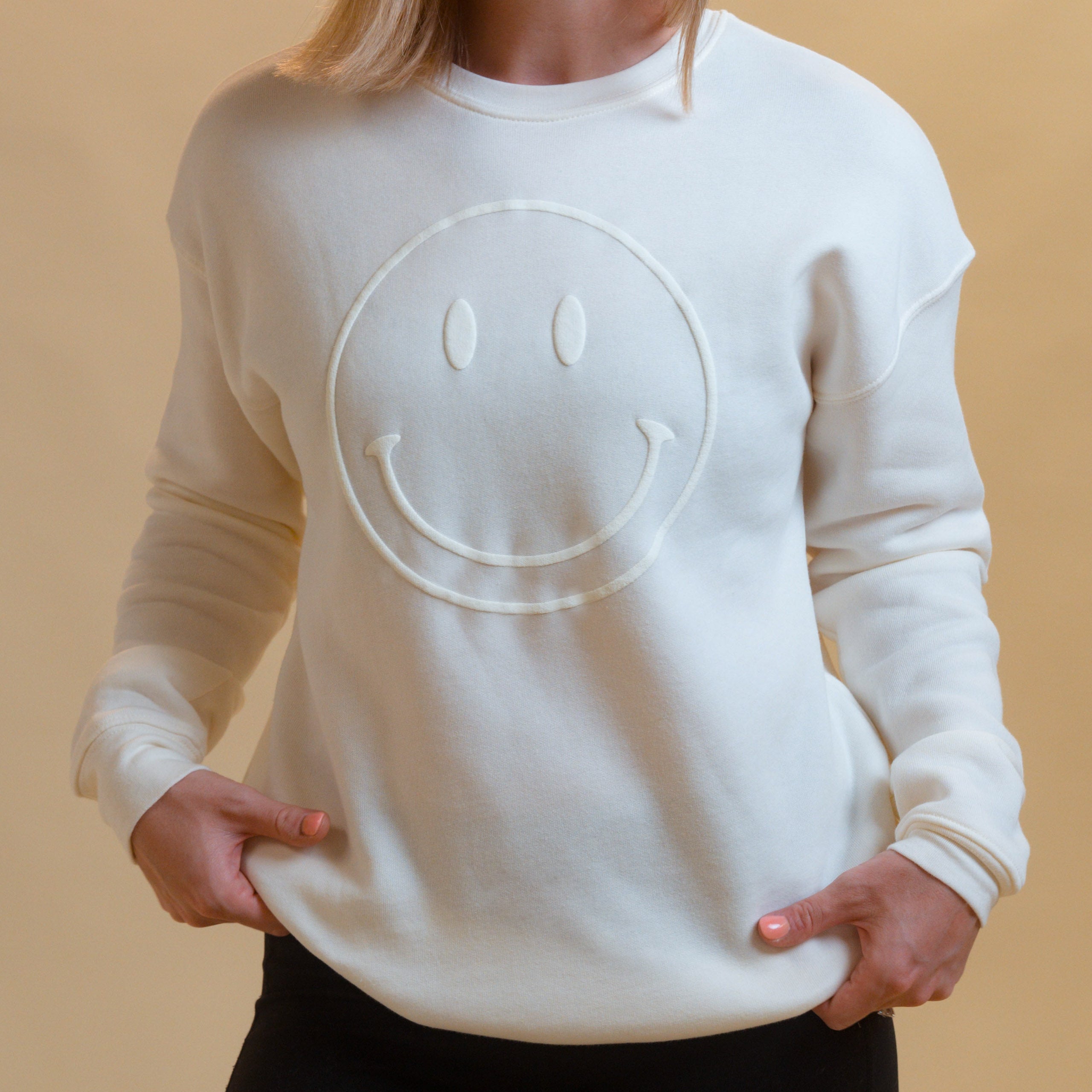 Stylish Ultra-Soft Smiley Face Tonal Puff Print Graphic Sweatshirt