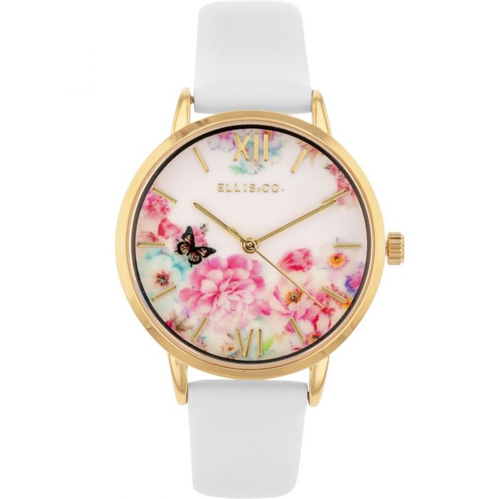 Ellis & Co Floral 'Bloom' Watch with Soft White Band