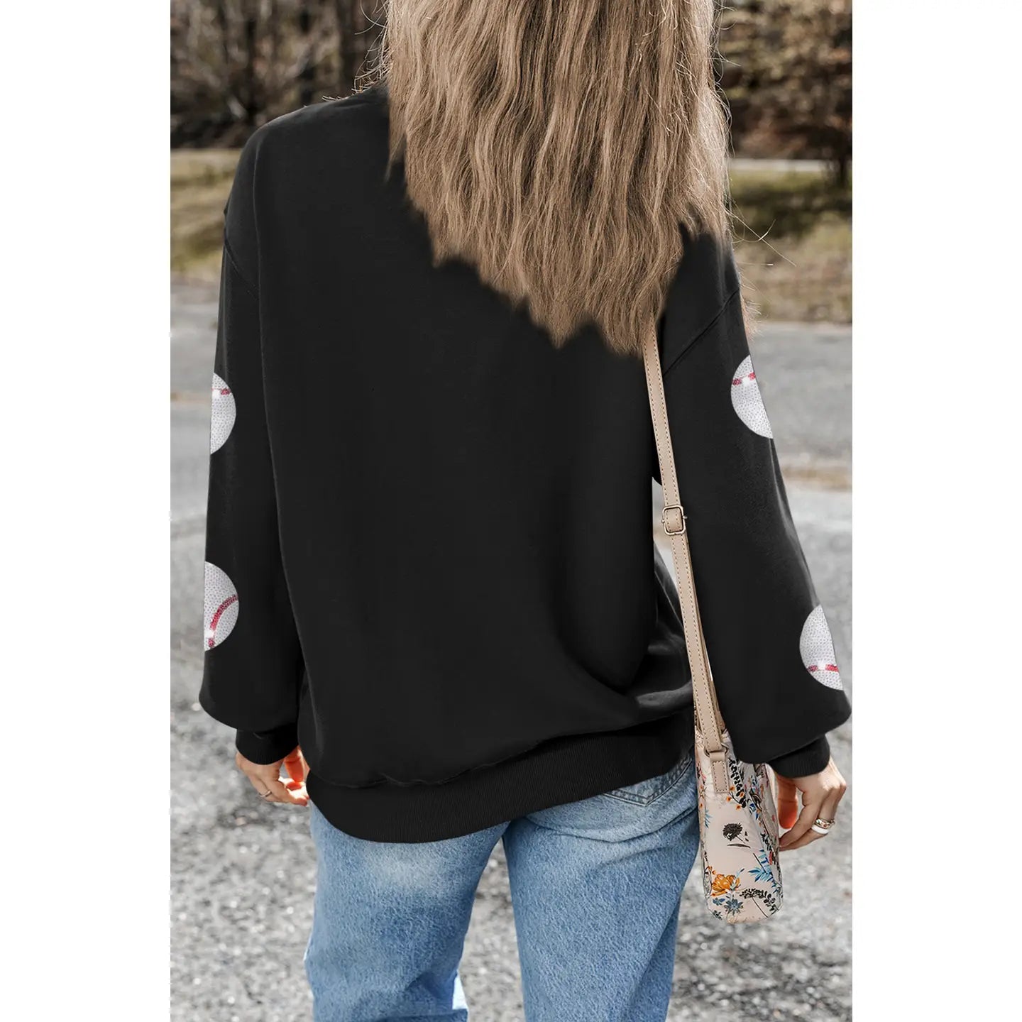 LITLLE DAISY CLOSET Stylish Sequin Patched Graphic Drop - Shoulder Baseball Sweatshirt