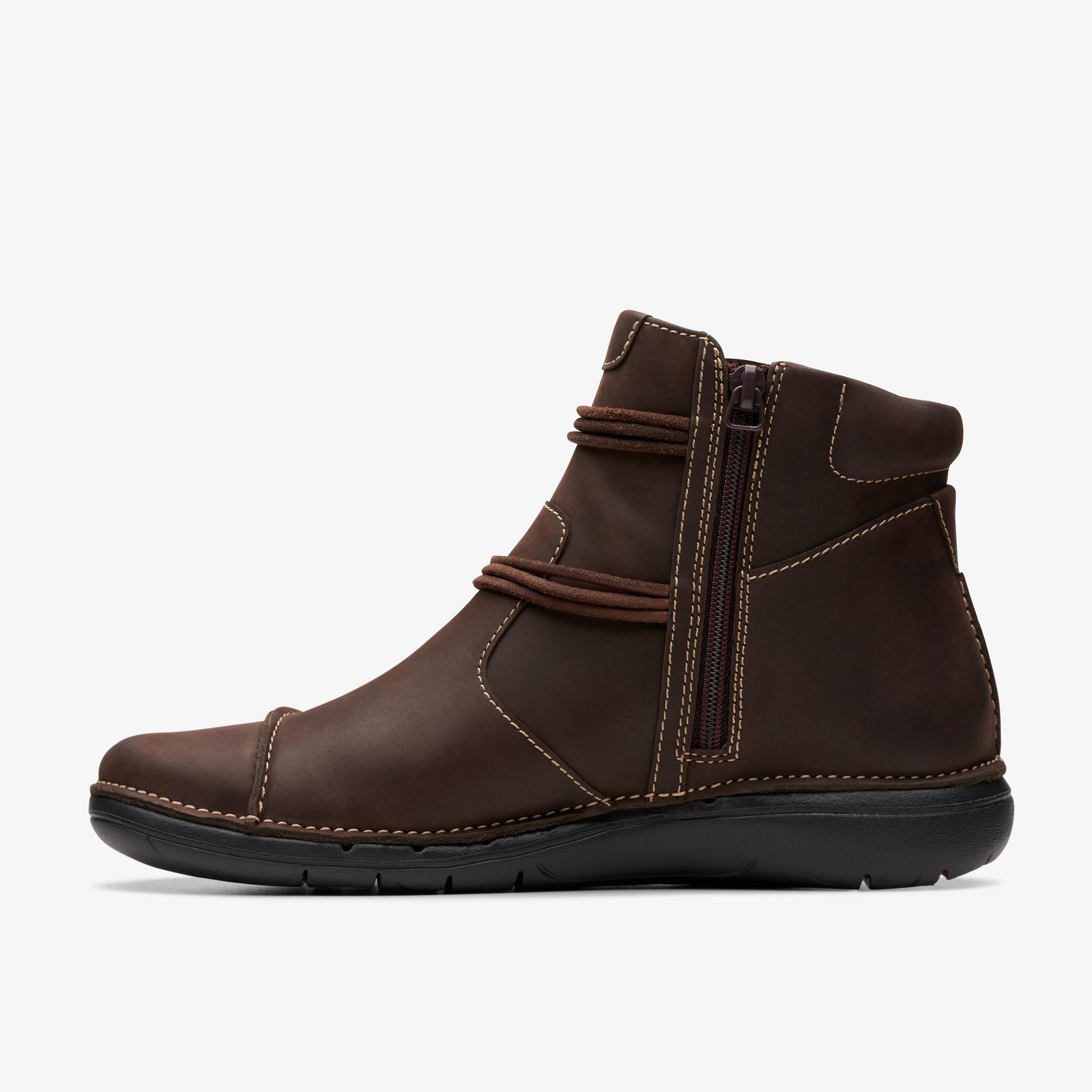 Women's Dark Brown Leather Clark's Un Loop Up Slip-on Boots