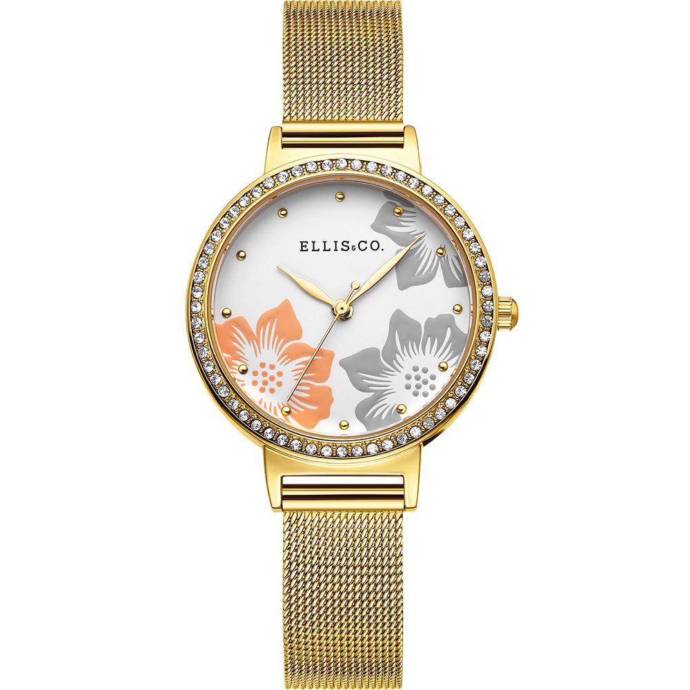 Ellis & Co Safiya Gold Plated Watch with 32mm Case and Mesh Strap