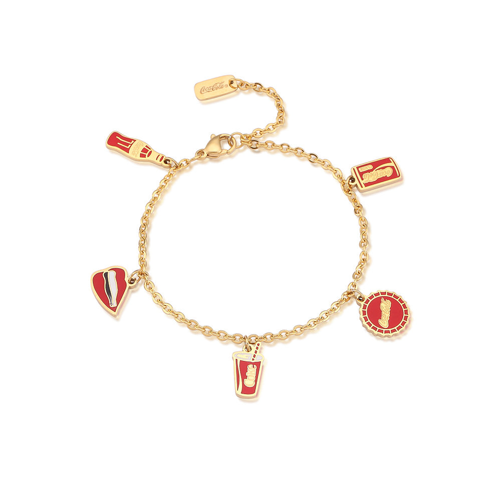 Disney Fashionable Gold - Coated Stainless - Steel Coca - Cola Charm Bracelet with 16 + 3cm Diamond - Cut Design for Jewelry Lovers