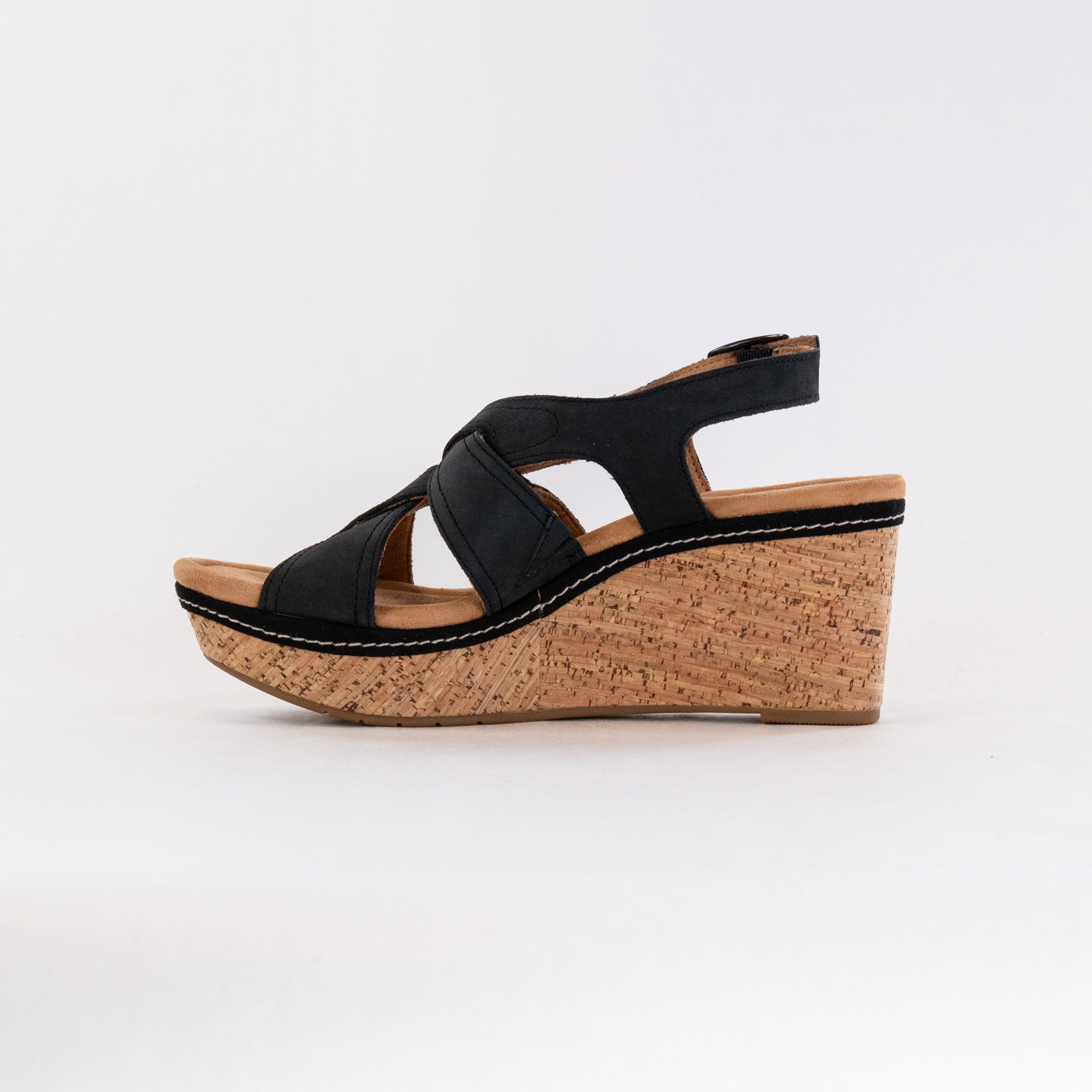 Women's Stylish Clarks Elleri Rae Wedge Sandals in Black Nubuck