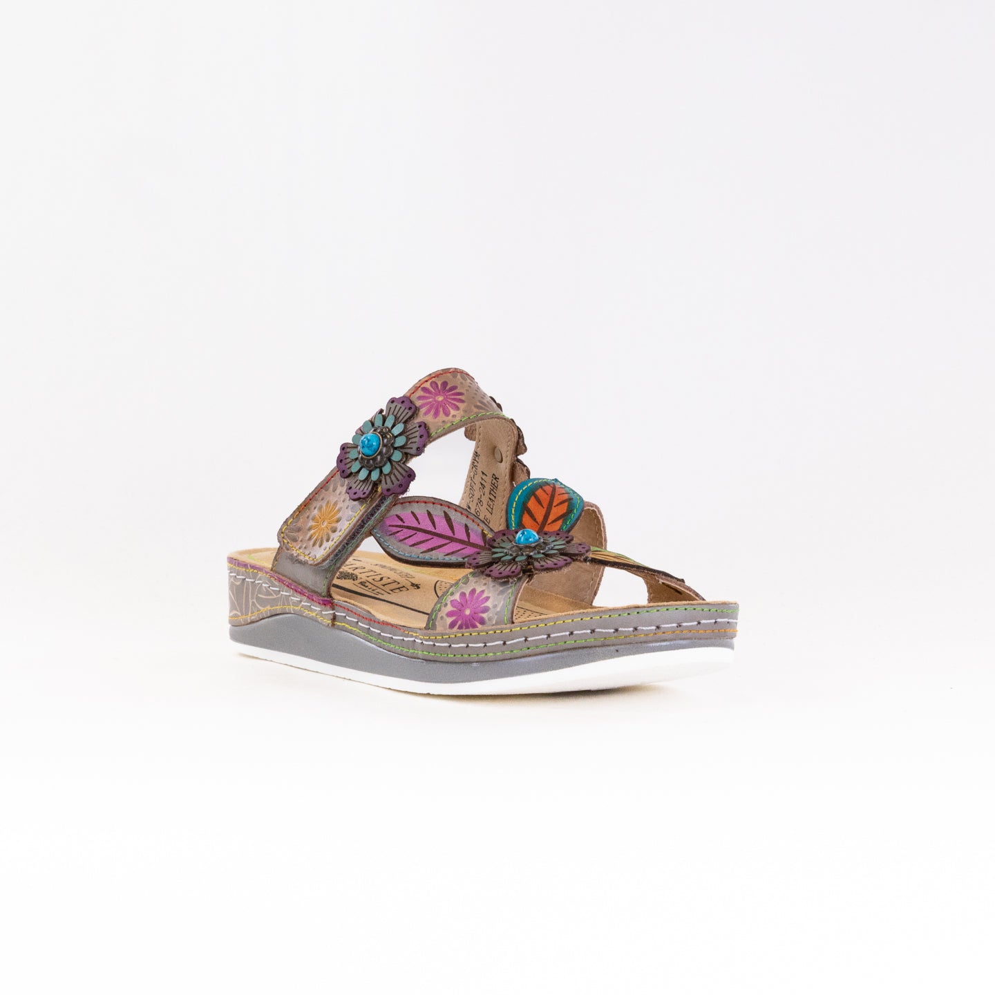 Spring Step L'Artiste Women's Pillow-Soft Grey Multi Color Stylish Hand-Painted Floral Embellished Sandals