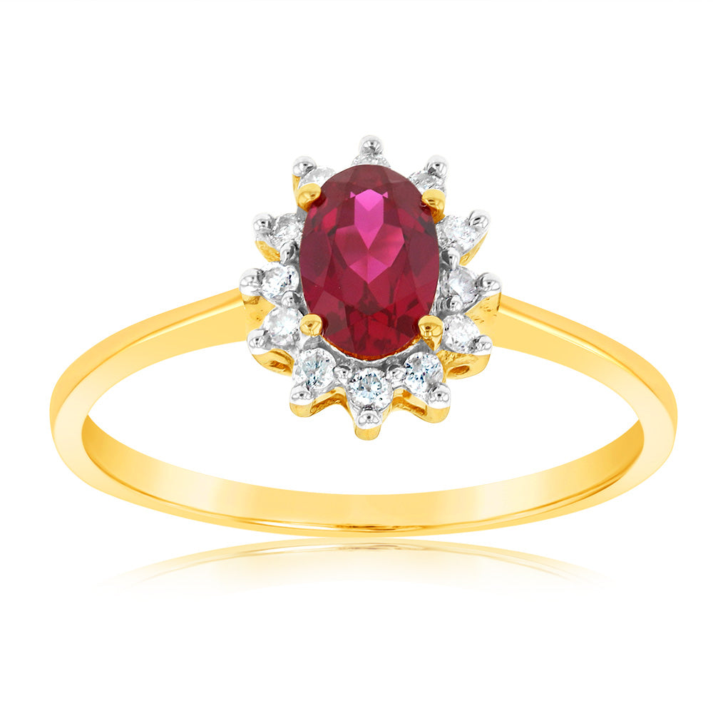 Stunning 9ct Yellow Gold Ring with Real Diamonds and Lab - Created Rubies