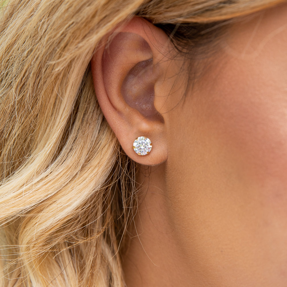 Stylish 9 Carat Yellow Gold 7mm Cubic Zirconia 6 Claw Stud Earrings for Everyday Wear