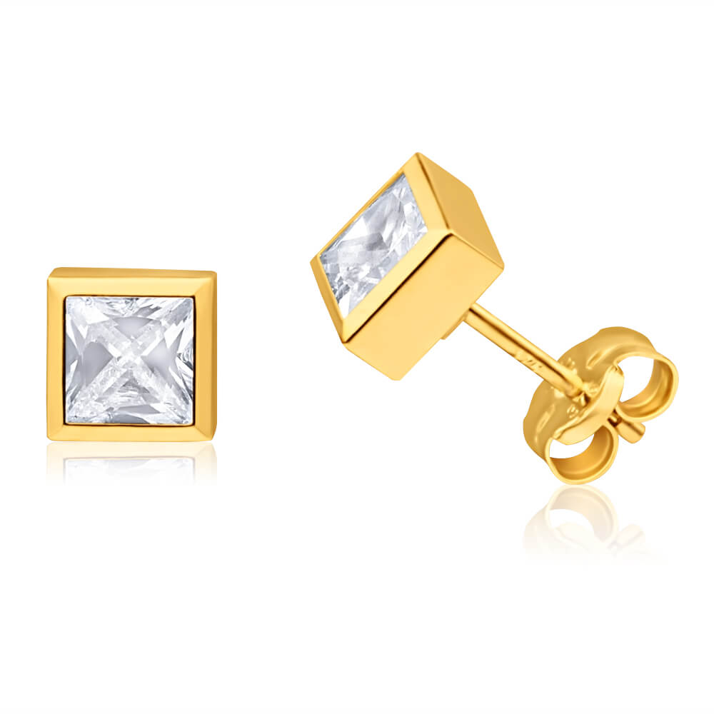 Stylish 9 Carat Yellow Gold Stud Earrings with 5mm Cubic Zirconia in Princess Cut