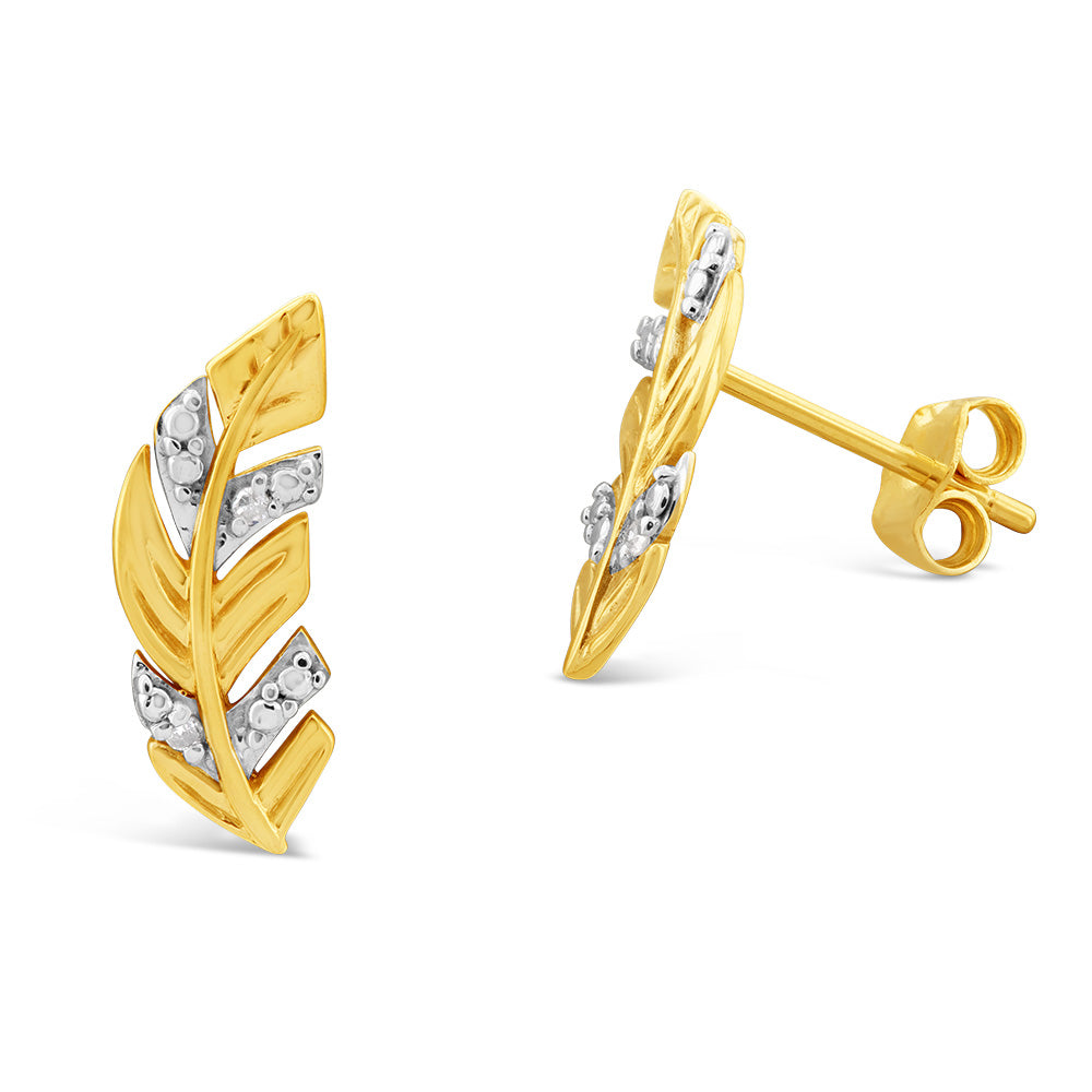 Exquisite 9ct Yellow Gold Stud Earrings with Diamond - Adorned Feather Designs