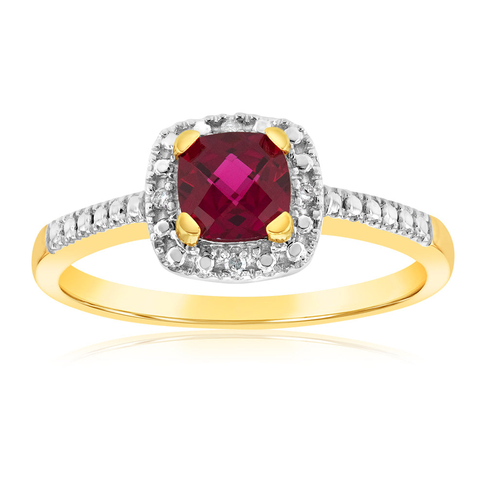 Exquisite 9ct Yellow Gold Ring with Cushion Cut Halo of Diamonds and Created Ruby