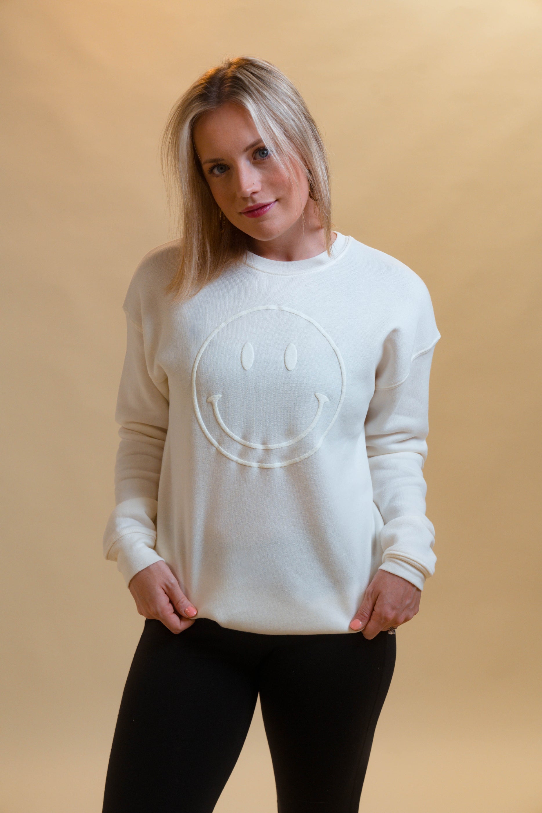 Stylish Ultra-Soft Smiley Face Tonal Puff Print Graphic Sweatshirt
