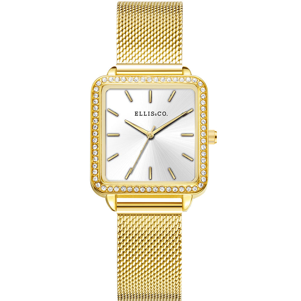 Ellis & Co Stylish 'Carly' Gold-Banded Gemstone Watch for Timekeeping