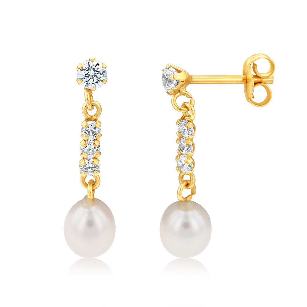 Gorgeous 9ct Yellow Gold Earrings with Cubic Zirconia and Freshwater Pearls Drops
