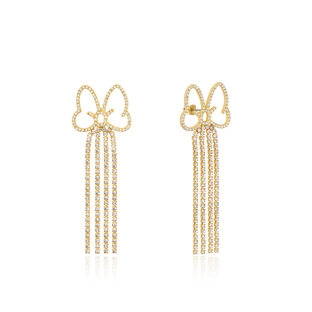 Gorgeous Disney Minnie Mouse Inspired Clear Crystal Bow Drop 14k Yellow Gold Plated Earrings