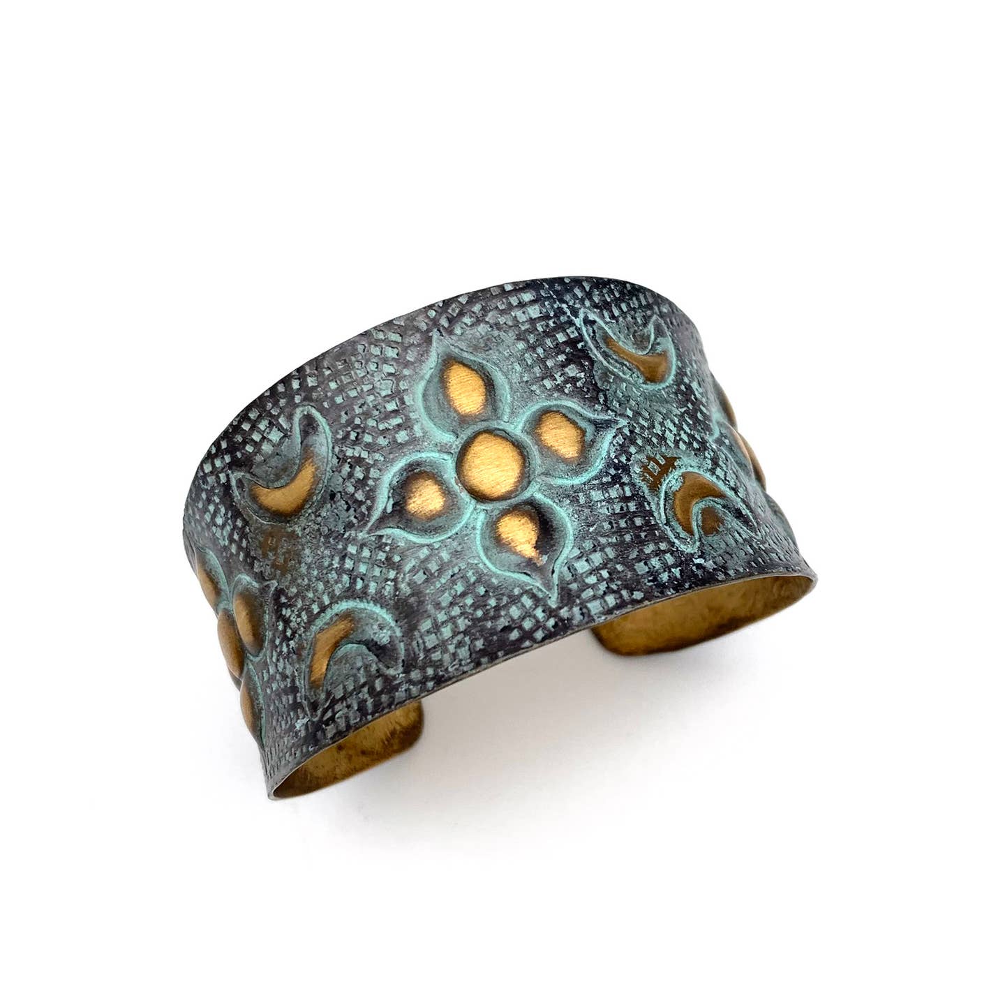 Aqua and Brown Arabic Flower-Inspired Handmade Brass Patina Adjustable Bracelet