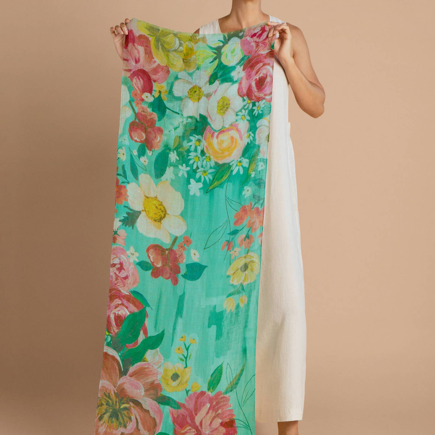 100% Pure Linen Teal-colored Impressionist Floral Patterned Scarf for Fashion Enthusiasts