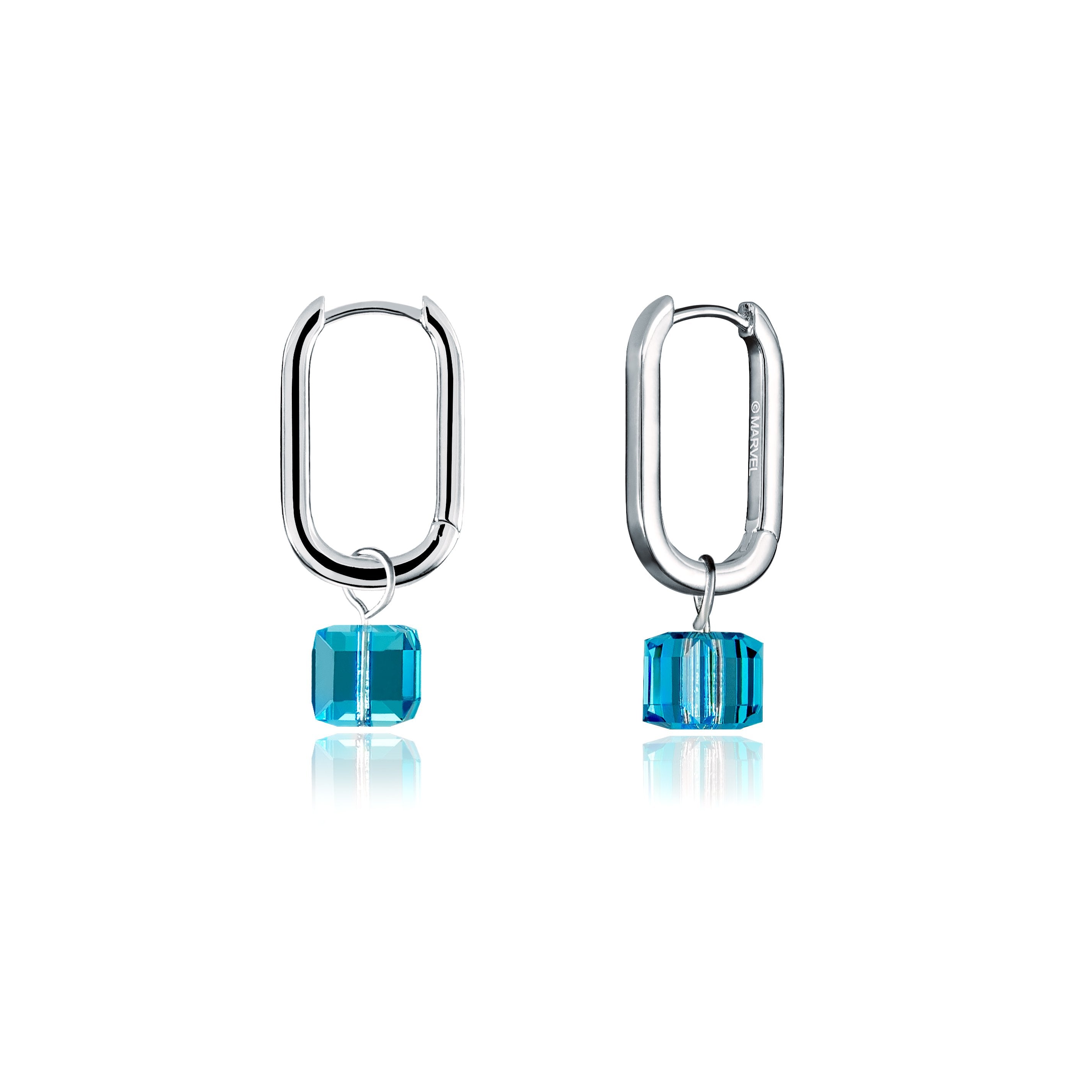 Disney Branded Stainless Steel Earrings with 14 - carat White Gold Plating and Tessract - shaped Blue Crystal Drops