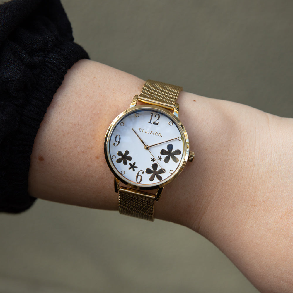 Ellis & Co Women's Gold-Tone 'Bloom' Stainless Steel Mesh Watch