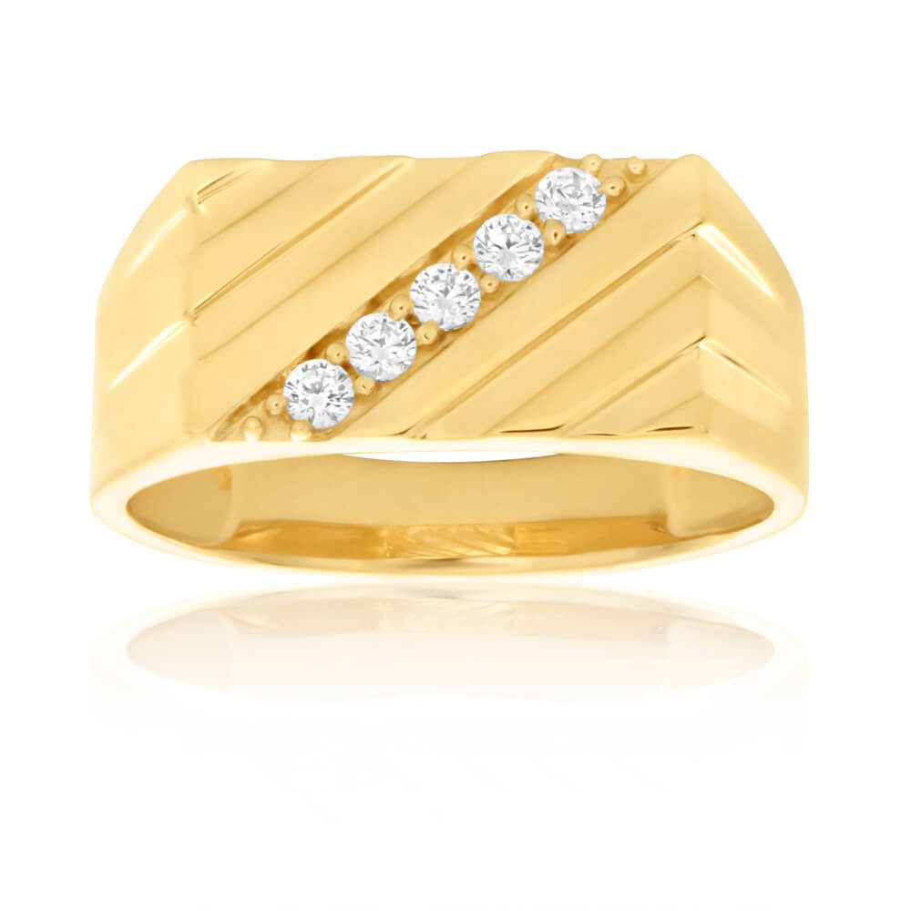 9ct Yellow Gold Diagonal Channel Set Cubic Zirconia Ring for Gentlemen - A Stylish and Sophisticated Jewelry Piece